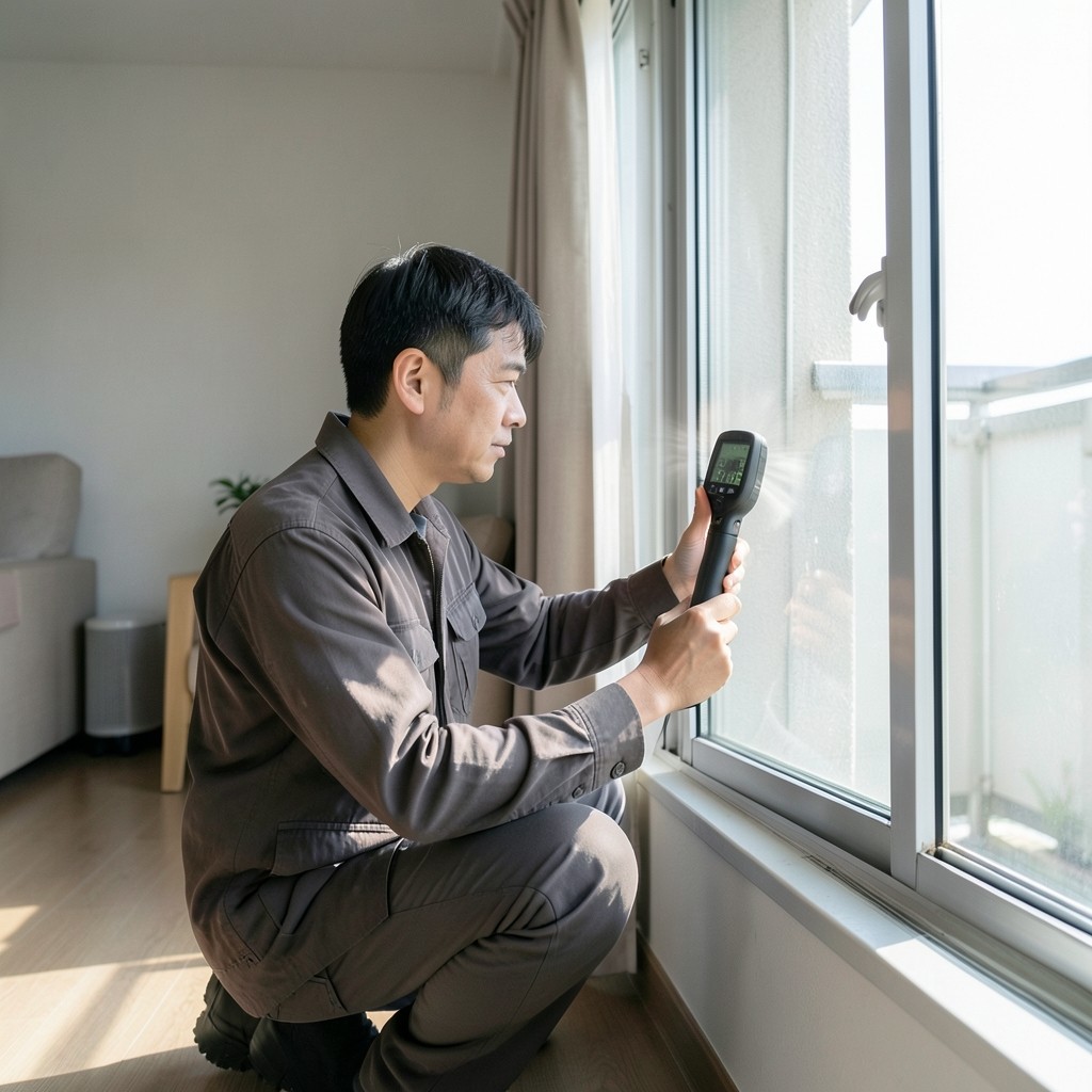 아파트 창가에서 환기를 확인하는 현장 점검 장면